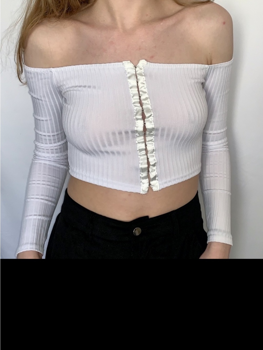 Boohoo White Off-Shoulder Ribbed Satin Trim Crop Top